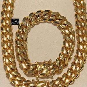 New 18k yellow gold filled Cuban link chain and bracelet set